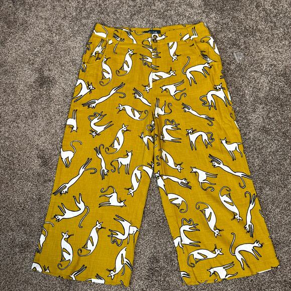 Modcloth NWOT Women's Size 12 Linen Blend Wide Leg Crop Pants All Over Cat Print - Picture 1 of 13